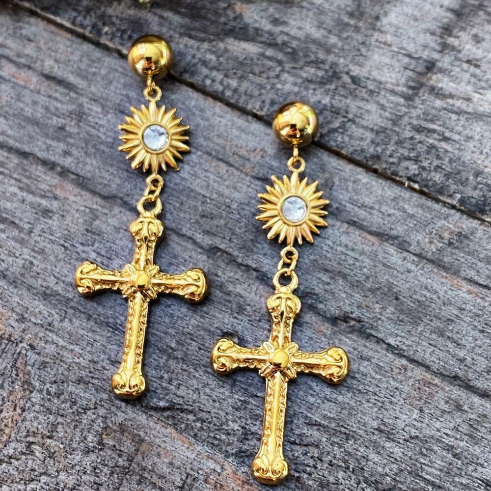NEW Gold Gothic Cross Dangle Earrings
